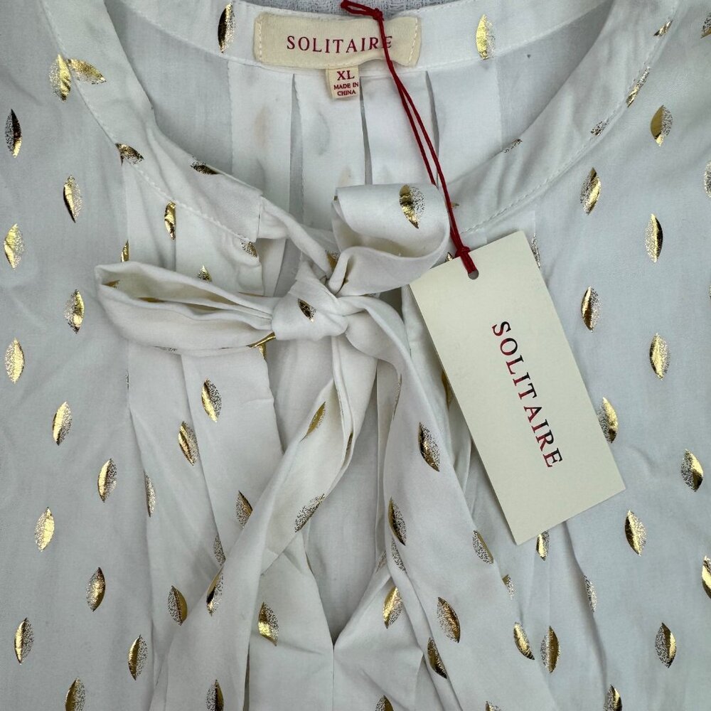 Solitaire White/Gold Geometric Foil Neck Tie ruffle cuff Blouse Women's sz XL - Picture 6 of 9
